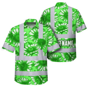 Hi Vis Hawaiian Shirt Reflective Tapes Flower Green White Daisies Custom Name Safety Workwear For Workers, Truckers, Operators