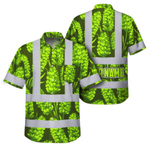 Hi Vis Hawaiian Shirt Reflective Tapes Flower Green Lime Lavender Custom Name Safety Workwear For Workers, Truckers, Operators