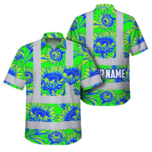 Hi Vis Hawaiian Shirt Reflective Tapes Flower Green Blue Sunflowers Custom Name Safety Workwear For Workers, Truckers, Operators