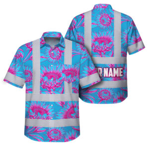 Hi Vis Hawaiian Shirt Reflective Tapes Flower Blue Pink Sunflowers Custom Name Safety Workwear For Workers, Truckers, Operators