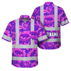Hi Vis Hawaiian Shirt Reflective Tapes Flower Violet Pink Sunflowers Custom Name Safety Workwear For Workers, Truckers, Operators