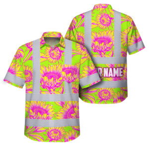 Hi Vis Hawaiian Shirt Reflective Tapes Flower Yellow Pink Sunflowers Custom Name Safety Workwear For Workers, Truckers, Operators
