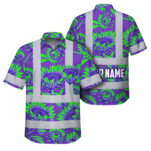 Hi Vis Hawaiian Shirt Reflective Tapes Flower Violet Green Sunflowers Custom Name Safety Workwear For Workers, Truckers, Operators
