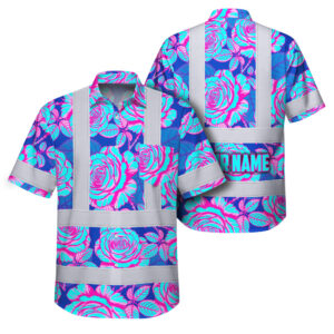 Hi Vis Hawaiian Shirt Reflective Tapes Flower Blue Pink Roses Custom Name Safety Workwear For Workers, Truckers, Operators