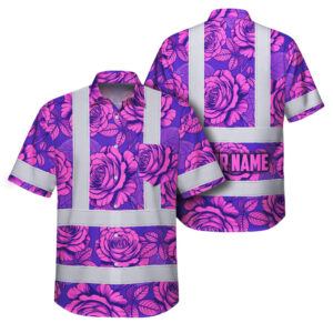 Hi Vis Hawaiian Shirt Reflective Tapes Flower Violet Pink Roses Custom Name Safety Workwear For Workers, Truckers, Operators