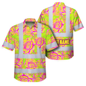 Hi Vis Hawaiian Shirt Reflective Tapes Flower Yellow Pink Roses Custom Name Safety Workwear For Workers, Truckers, Operators