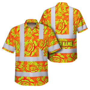 Hi Vis Hawaiian Shirt Reflective Tapes Flower Orange Lime Roses Custom Name Safety Workwear For Workers, Truckers, Operators