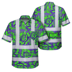 Hi Vis Hawaiian Shirt Reflective Tapes Flower Violet Green Roses Custom Name Safety Workwear For Workers, Truckers, Operators