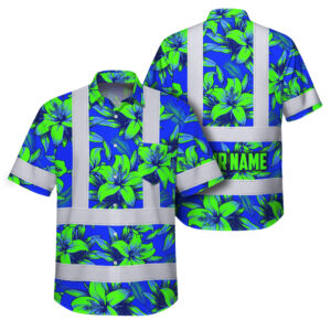 Hi Vis Hawaiian Shirt Reflective Tapes Flower Green Blue Lilies Custom Name Safety Workwear For Workers, Truckers, Operators