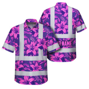Hi Vis Hawaiian Shirt Reflective Tapes Flower Violet Pink Lilies Custom Name Safety Workwear For Workers, Truckers, Operators