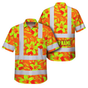 Hi Vis Hawaiian Shirt Reflective Tapes Flower Orange Lime Lilies Custom Name Safety Workwear For Workers, Truckers, Operators