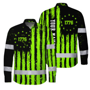 Hi Vis Hawaiian Long Sleeve Shirt Reflective Tapes Green Neon US Flag Custom Name Safety Workwear For Workers, Truckers, Operators