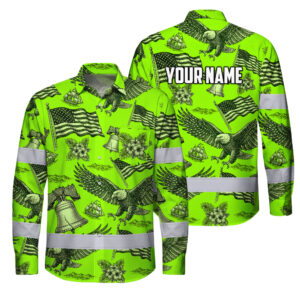 Hi Vis Hawaiian Long Sleeve Shirt Reflective Tapes Lime Neon US Flag Flower Custom Name Safety Workwear For Truckers, Operators