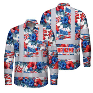 Hi Vis Hawaiian Long Sleeve Shirt Reflective Tapes US Flag Blue And Red Custom Name Safety Workwear For Workers, Truckers, Operators