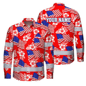 Hi Vis Hawaiian Long Sleeve Shirt Reflective Tapes Red Neon US Flag Custom Name Safety Workwear For Workers, Truckers, Operators