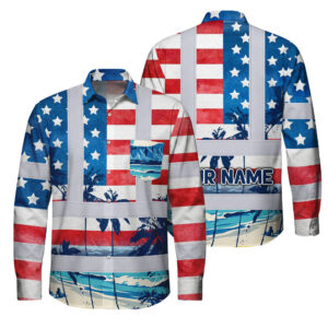 Hi Vis Hawaiian Long Sleeve Shirt Reflective Tapes US Flag Blue Red Tree Custom Name Safety Workwear For Truckers, Operators