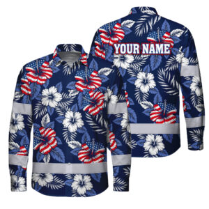 Hi Vis Hawaiian Long Sleeve Shirt Reflective Tapes US Flag Flower 02 Custom Name Safety Workwear For Workers, Truckers, Operators