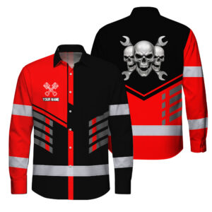 Hi Vis Hawaiian Long Sleeve Shirt Reflective Tapes Red Neon Mechanic Custom Name Safety Workwear For Mechanists, Truckers, Operators