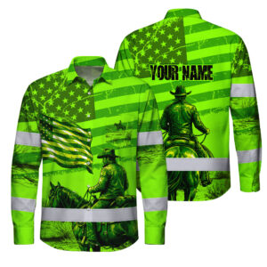 Hi Vis Hawaiian Long Sleeve Shirt Reflective Tapes Green Neon US Cowboy Custom Name Safety Workwear For Mechanics, Operators