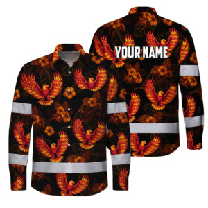 Hi Vis Hawaiian Long Sleeve Shirt Reflective Tapes Orange Neon US Flag Flower Custom Name Safety Workwear For Truckers, Operators