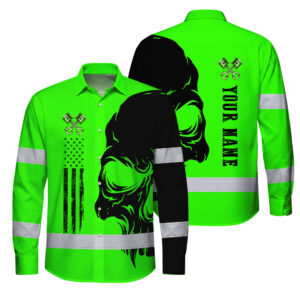 Hi Vis Hawaiian Long Sleeve Shirt Reflective Tapes Green Neon Mechanic Custom Name Safety Workwear For Mechanists,Truckers,Operators