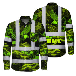 Hi Vis Hawaiian Long Sleeve Shirt Reflective Tapes US Flag Lime Neon Eagle Custom Name Safety Workwear For Truckers, Operators
