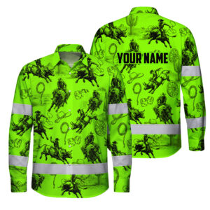 Hi Vis Hawaiian Long Sleeve Shirt Reflective Tapes Green Neon Cowboy Custom Name Safety Workwear For Mechanics, Truckers, Operators