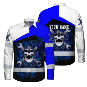 Hi Vis Hawaiian Long Sleeve Shirt Reflective Tapes White Blue Neon Mechanic Custom Name Safety Workwear For Mechanists, Operators
