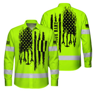 Hi Vis Hawaiian Long Sleeve Shirt Reflective Tapes Lime Neon Mechanic 2 Custom Name Safety Workwear For Mechanists,Operators