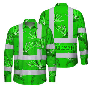Hi Vis Hawaiian Long Sleeve Shirt Reflective Tapes Green Neon Flowers Custom Name Safety Workwear For Workers, Truckers, Operators