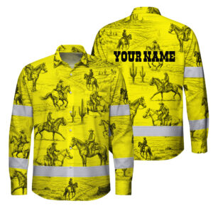 Hi Vis Hawaiian Long Sleeve Shirt Reflective Tapes Yellow Neon Cowboy Custom Name Safety Workwear For Mechanics, Truckers, Operators