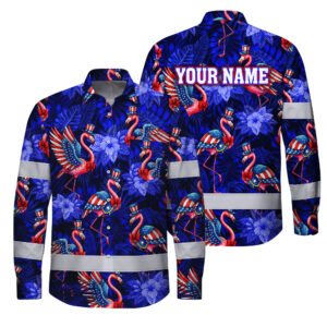 Hi Vis Hawaiian Long Sleeve Shirt Reflective Tapes Flamingo US Flag Custom Name Safety Workwear For Workers, Truckers, Operators