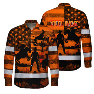 Hi Vis Hawaiian Long Sleeve Shirt Reflective Tapes Orange Neon Cowboy Custom Name Safety Workwear For Mechanics, Truckers, Operators