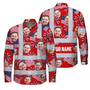 Hi Vis Hawaiian Long Sleeve Shirt Reflective Tapes US Flag Blue Red 3 Custom Name And Image Safety Workwear For Truckers, Operators