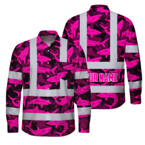 Hi Vis Hawaiian Long Sleeve Shirt Reflective Tapes Pink Camo Shark Custom Name Safety Workwear For Mechanics, Truckers, Operators