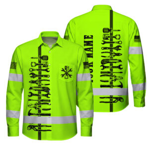 Hi Vis Hawaiian Long Sleeve Shirt Reflective Tapes Lime Neon Mechanic Custom Name Safety Workwear For Mechanists,Truckers, Operators