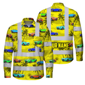 Hi Vis Hawaiian Long Sleeve Shirt Reflective Tapes Yellow Car Tree Custom Name Safety Workwear For Mechanics, Truckers, Operators