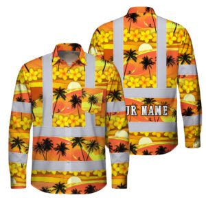 Hi Vis Hawaiian Long Sleeve Shirt Reflective Tapes Gradient Orange Yellow Neon Waves Custom Name Safety Workwear For Mechanics