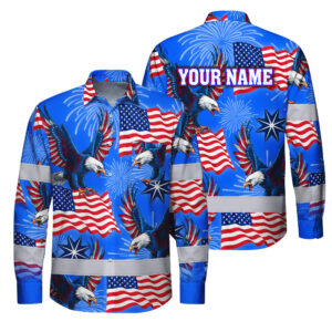 Hi Vis Hawaiian Long Sleeve Shirt Reflective Tapes US Flag Blue Custom Name Safety Workwear For Workers, Truckers, Operators