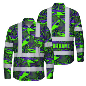 Hi Vis Hawaiian Long Sleeve Shirt Reflective Tapes Green Violet Shark Custom Name Safety Workwear For Mechanics, Truckers, Operators