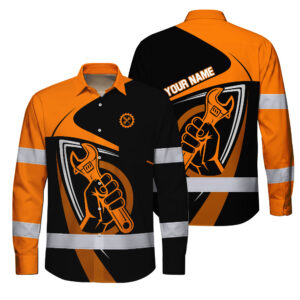 Hi Vis Hawaiian Long Sleeve Shirt Reflective Tapes Orange Neon Mechanic Custom Name Safety Workwear For Mechanists, Operators