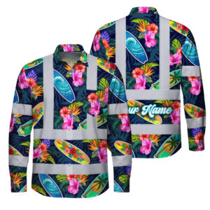 Hi Vis Hawaiian Long Sleeve Shirt Reflective Tapes Surfboard Flower Custom Name Safety Workwear For Mechanics, Truckers, Operators