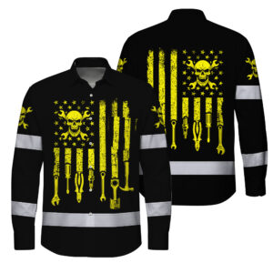 Hi Vis Hawaiian Long Sleeve Shirt Reflective Tapes Yellow US Flag Mechanic Custom Name Safety Workwear For Mechanists, Operators
