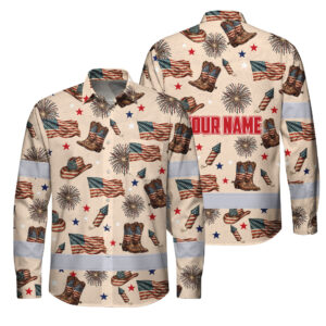 Hi Vis Hawaiian Long Sleeve Shirt Reflective Tapes US Flag Cowboy Custom Name Safety Workwear For Mechanics, Truckers, Operators
