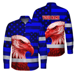 Hi Vis Hawaiian Long Sleeve Shirt Reflective Tapes US Flag Eagle Custom Name Safety Workwear For Workers, Truckers, Operators