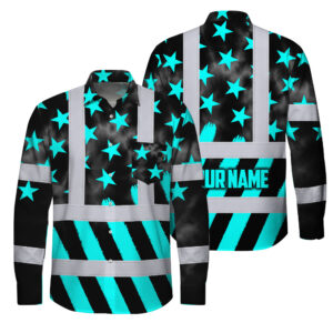 Hi Vis Hawaiian Long Sleeve Shirt Reflective Tapes Blue Neon US Flag Custom Name Safety Workwear For Workers, Truckers, Operators