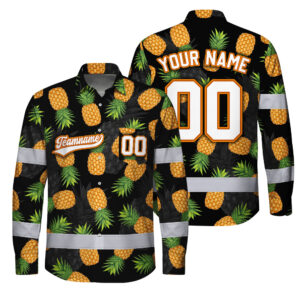 Hi Vis Hawaiian Long Sleeve Shirt Reflective Tapes Orange Pineapple Custom Name And Number Safety Workwear For Truckers, Operators