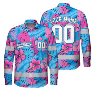 Hi Vis Hawaiian Long Sleeve Shirt Reflective Tapes Pink Blue Flower Custom Name And Number Safety Workwear For Truckers, Operators