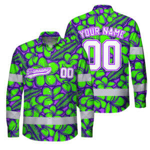 Hi Vis Hawaiian Long Sleeve Shirt Reflective Tapes Green Violet Flower Custom Name And Number Safety Workwear For Operators
