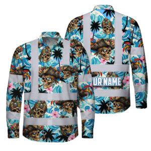 Hi Vis Hawaiian Long Sleeve Shirt Reflective Tapes Blue Flower Skull Boat Custom Name Safety Workwear For Truckers, Operators